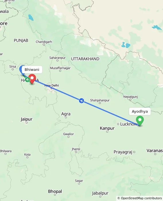 Route map showing distance and travel time from Ayodhya, India to Bhiwani, India