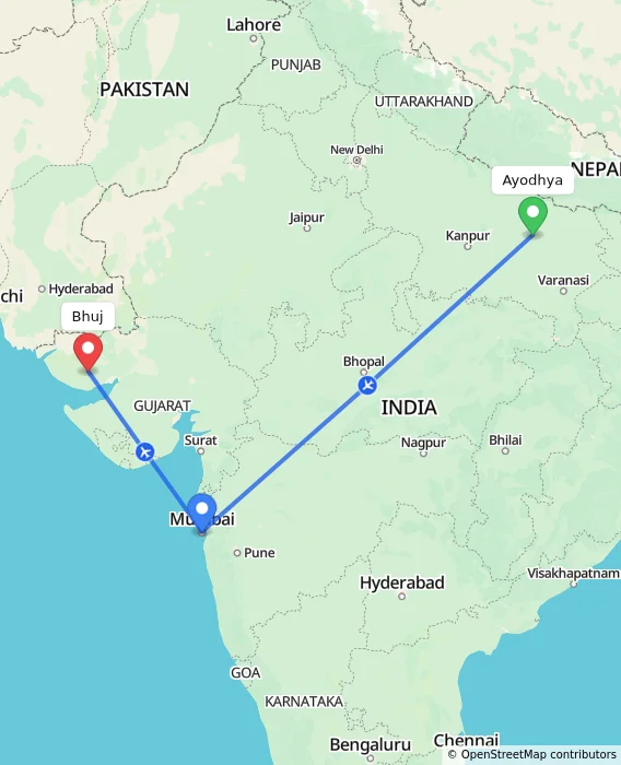 Route map showing distance and travel time from Ayodhya, India to Bhuj, India