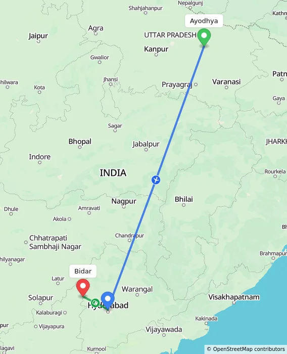 Route map showing distance and travel time from Ayodhya, India to Bidar, India