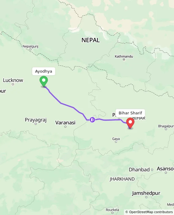 Route map showing distance and travel time from Ayodhya, India to Bihar Sharif, India