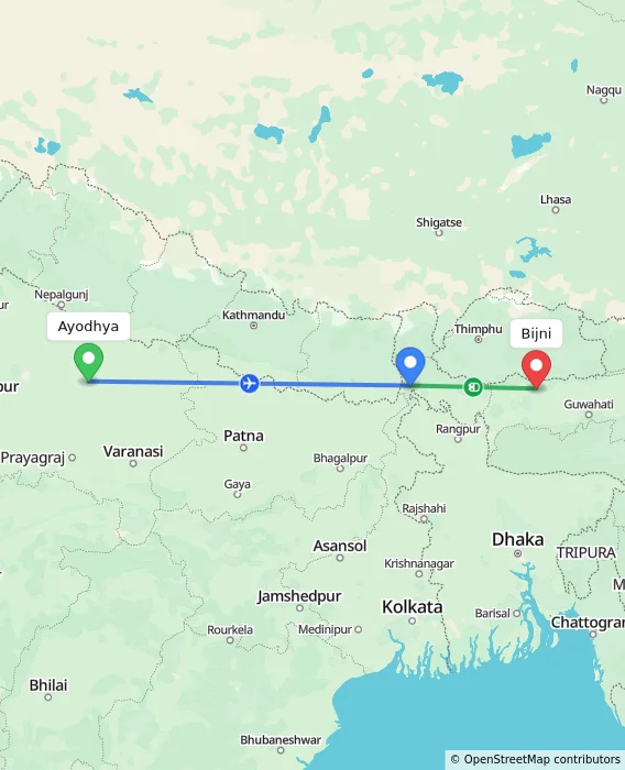 Route map showing distance and travel time from Ayodhya, India to Bijni, India