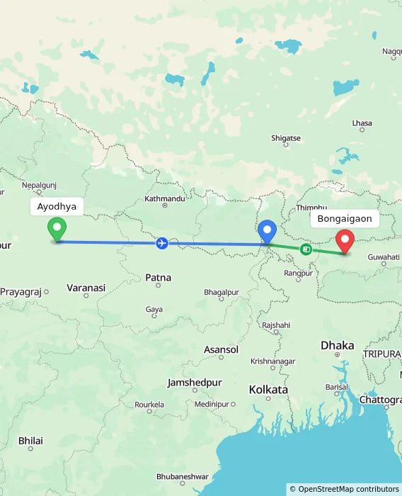Route map showing distance and travel time from Ayodhya, India to Bongaigaon, India