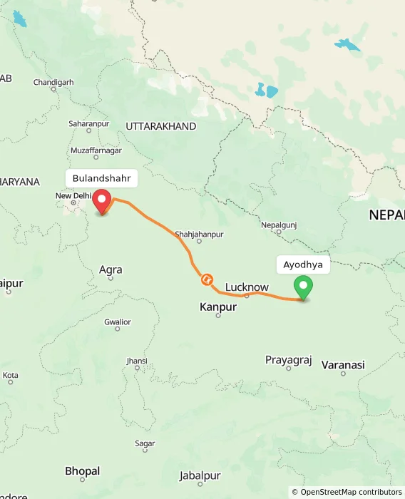 Route map showing distance and travel time from Ayodhya, India to Bulandshahr, India