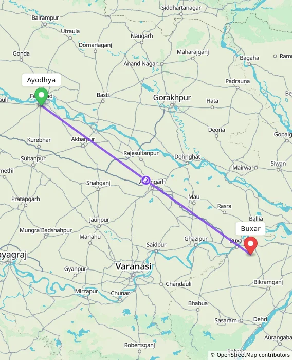 Route map showing distance and travel time from Ayodhya, India to Buxar, India