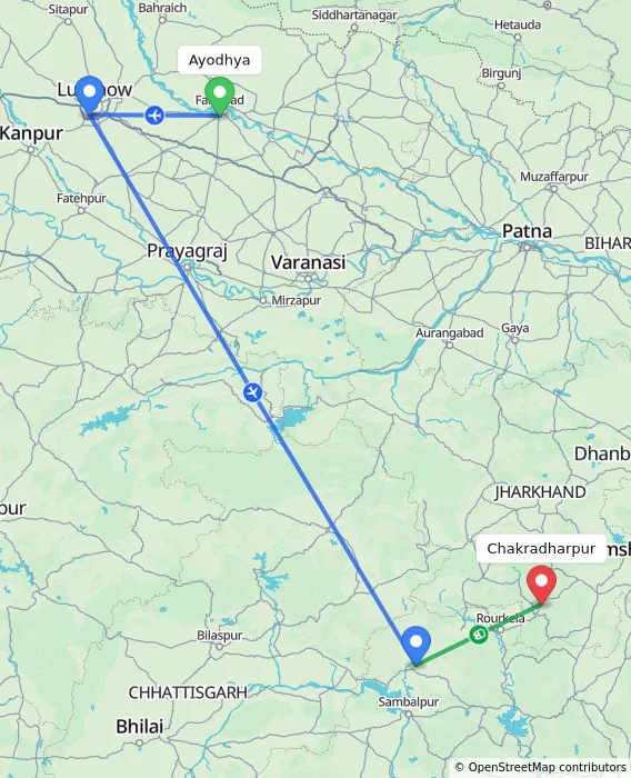 Route map showing distance and travel time from Ayodhya, India to Chakradharpur, India