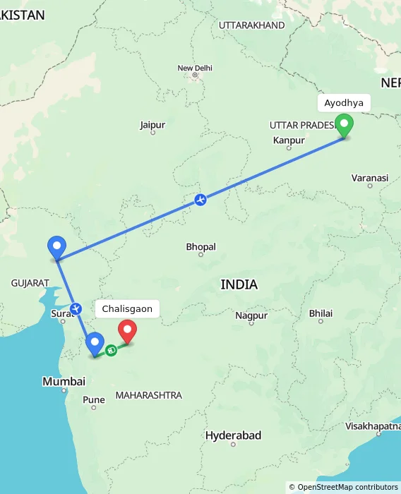 Route map showing distance and travel time from Ayodhya, India to Chalisgaon, India
