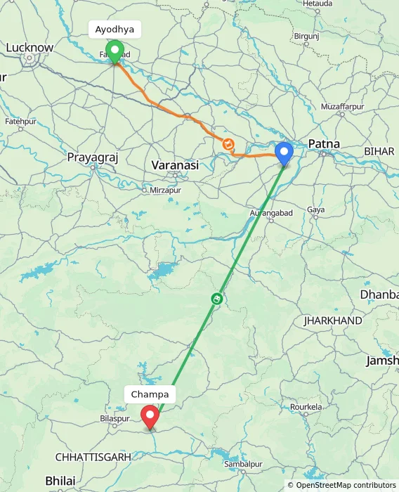 Route map showing distance and travel time from Ayodhya, India to Champa, India