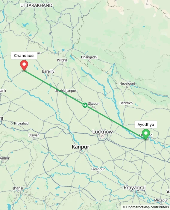 Route map showing distance and travel time from Ayodhya, India to Chandausi, India