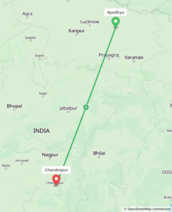 Route map showing distance and travel time from Ayodhya, India to Chandrapur, India