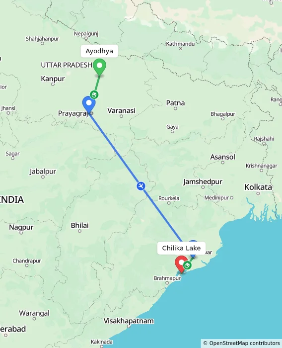 Route map showing distance and travel time from Ayodhya, India to Chilika Lake, India