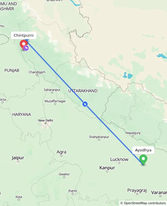 Route map showing distance and travel time from Ayodhya, India to Chintpurni, India