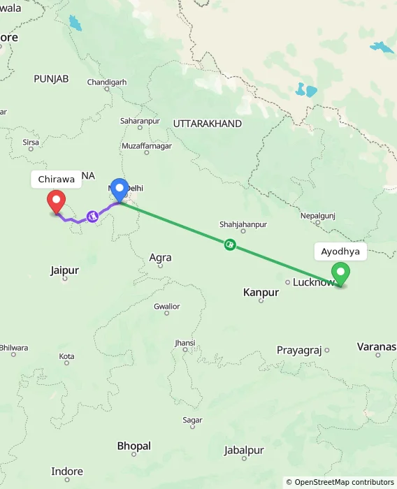 Route map showing distance and travel time from Ayodhya, India to Chirawa, India