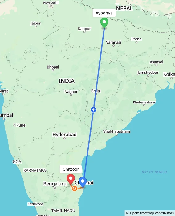 Route map showing distance and travel time from Ayodhya, India to Chittoor, India