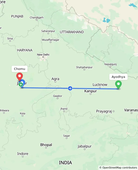 Route map showing distance and travel time from Ayodhya, India to Chomu, India
