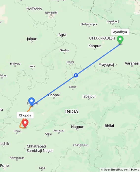Route map showing distance and travel time from Ayodhya, India to Chopda, India