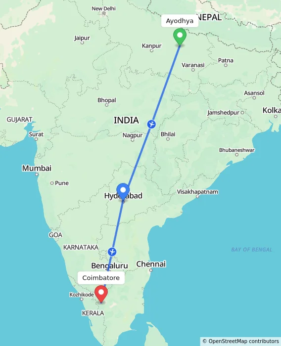 Route map showing distance and travel time from Ayodhya, India to Coimbatore, India