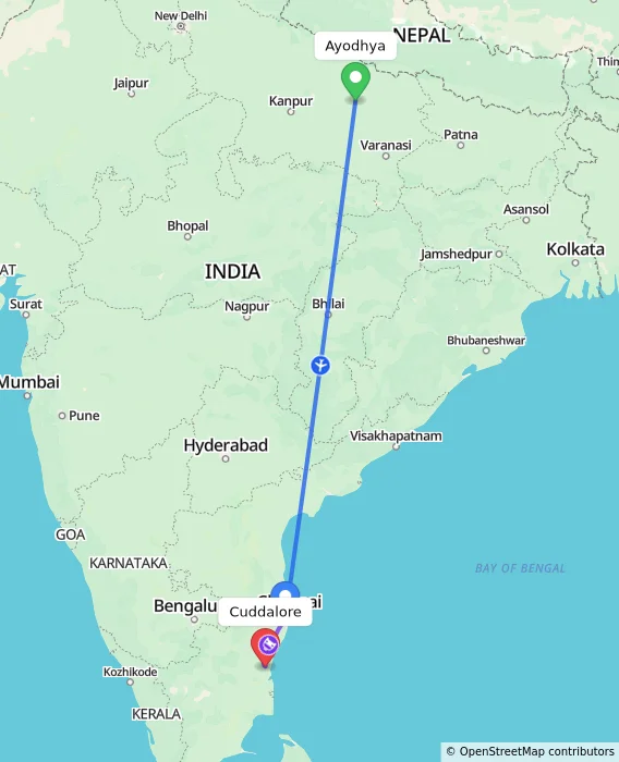 Route map showing distance and travel time from Ayodhya, India to Cuddalore, India