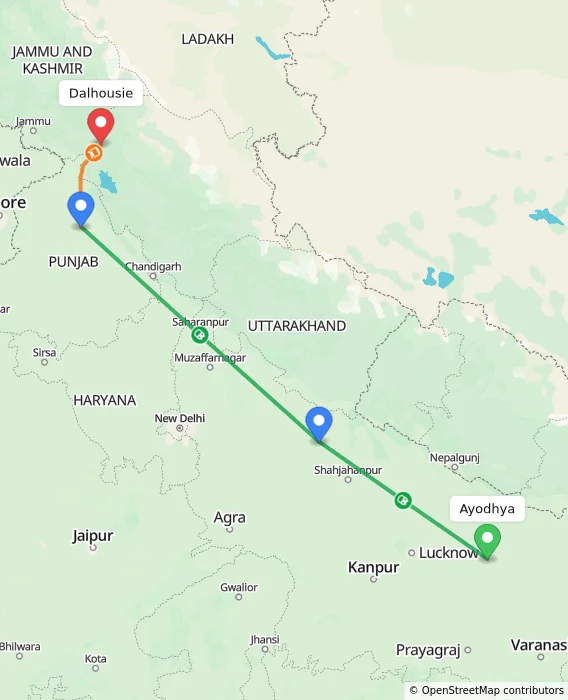 Route map showing distance and travel time from Ayodhya, India to Dalhousie, India