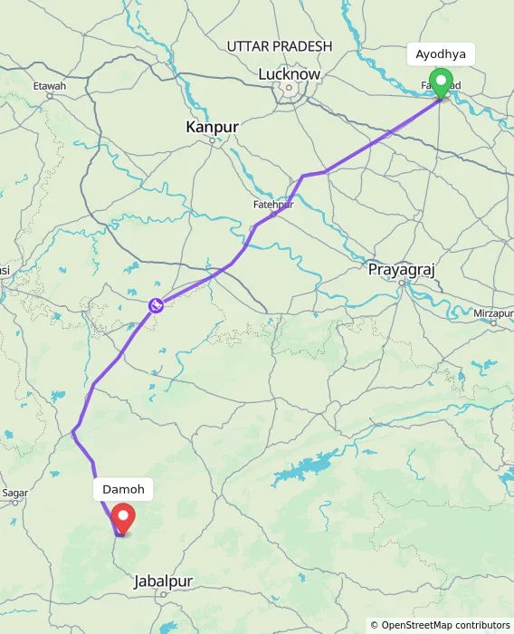 Route map showing distance and travel time from Ayodhya, India to Damoh, India