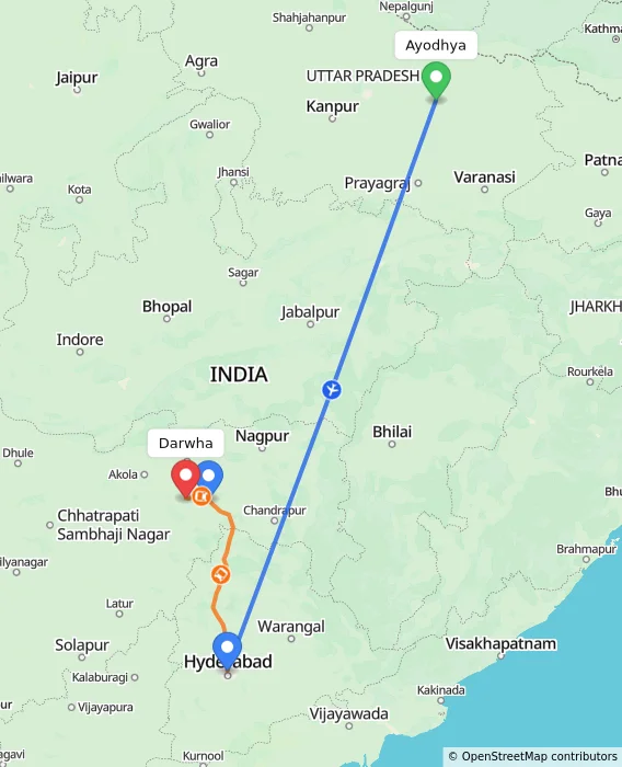 Route map showing distance and travel time from Ayodhya, India to Darwha, India