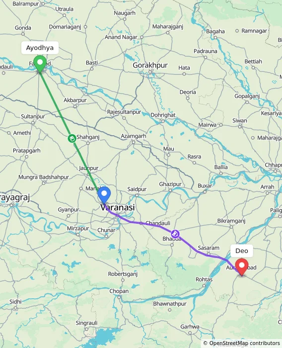 Route map showing distance and travel time from Ayodhya, India to Deo, India