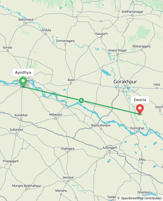 Route map showing distance and travel time from Ayodhya, India to Deoria, India