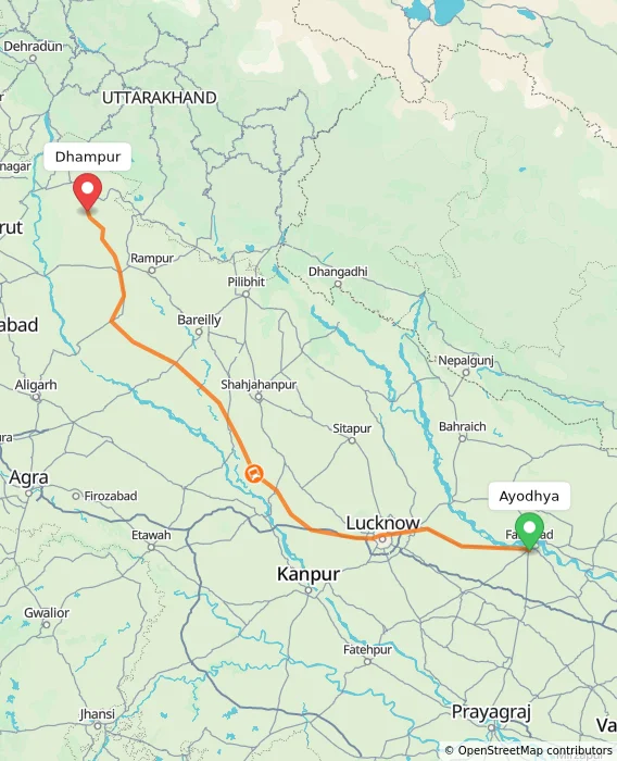 Route map showing distance and travel time from Ayodhya, India to Dhampur, India