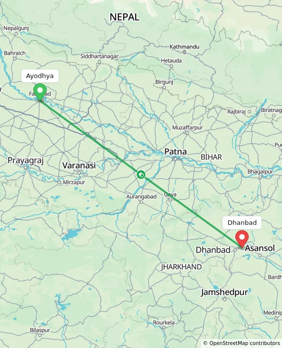 Route map showing distance and travel time from Ayodhya, India to Dhanbad, India