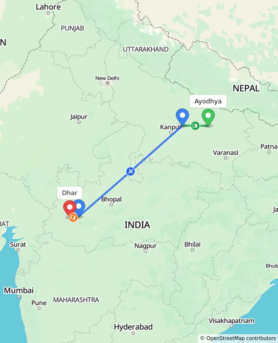 Route map showing distance and travel time from Ayodhya, India to Dhar, India