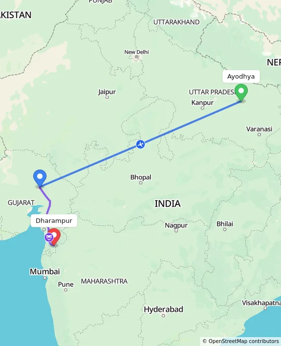 Route map showing distance and travel time from Ayodhya, India to Dharampur, India