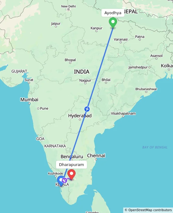 Route map showing distance and travel time from Ayodhya, India to Dharapuram, India