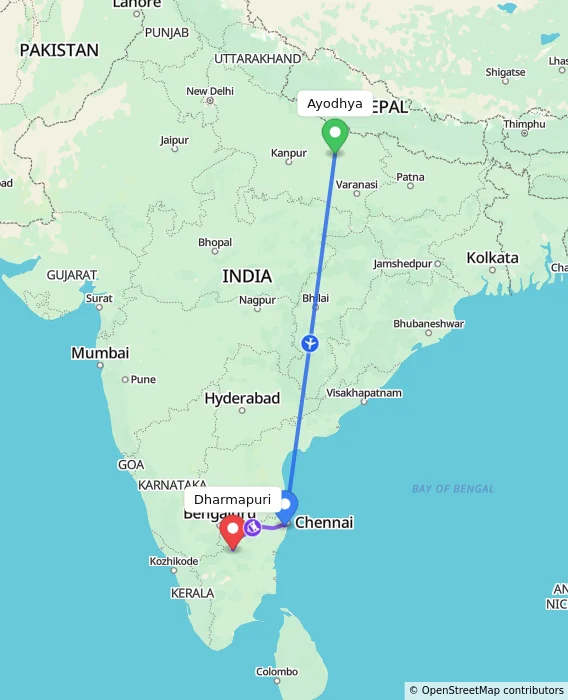 Route map showing distance and travel time from Ayodhya, India to Dharmapuri, India