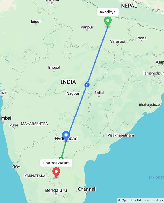 Route map showing distance and travel time from Ayodhya, India to Dharmavaram, India