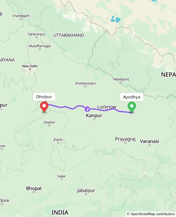 Route map showing distance and travel time from Ayodhya, India to Dholpur, India