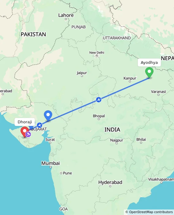 Route map showing distance and travel time from Ayodhya, India to Dhoraji, India