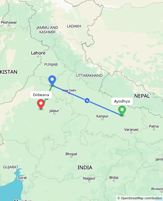 Route map showing distance and travel time from Ayodhya, India to Didwana, India