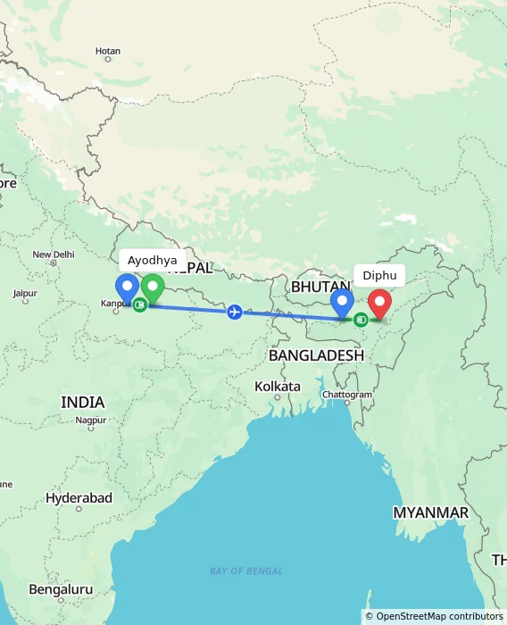 Route map showing distance and travel time from Ayodhya, India to Diphu, India