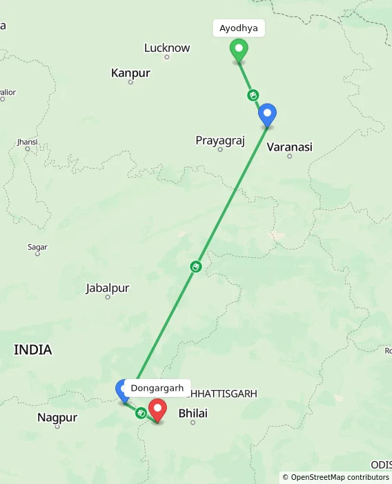 Route map showing distance and travel time from Ayodhya, India to Dongargarh, India