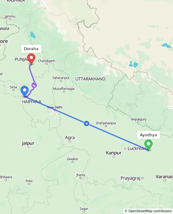 Route map showing distance and travel time from Ayodhya, India to Doraha, India