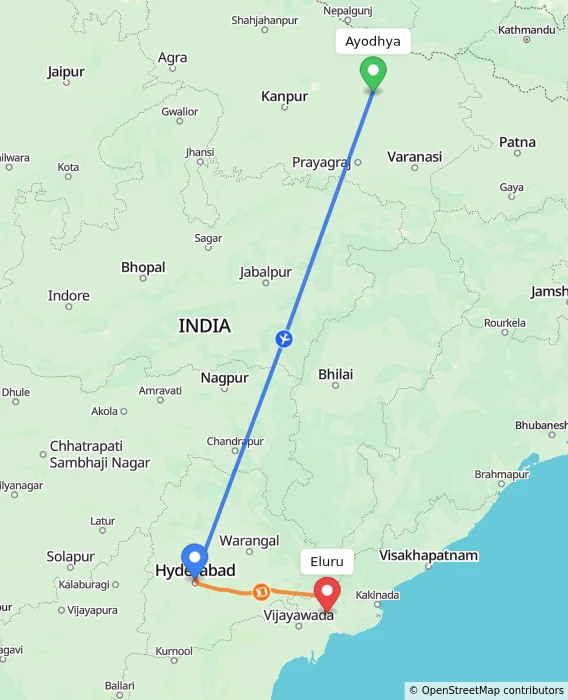 Route map showing distance and travel time from Ayodhya, India to Eluru, India