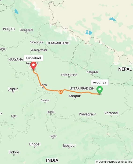 Route map showing distance and travel time from Ayodhya, India to Faridabad, India