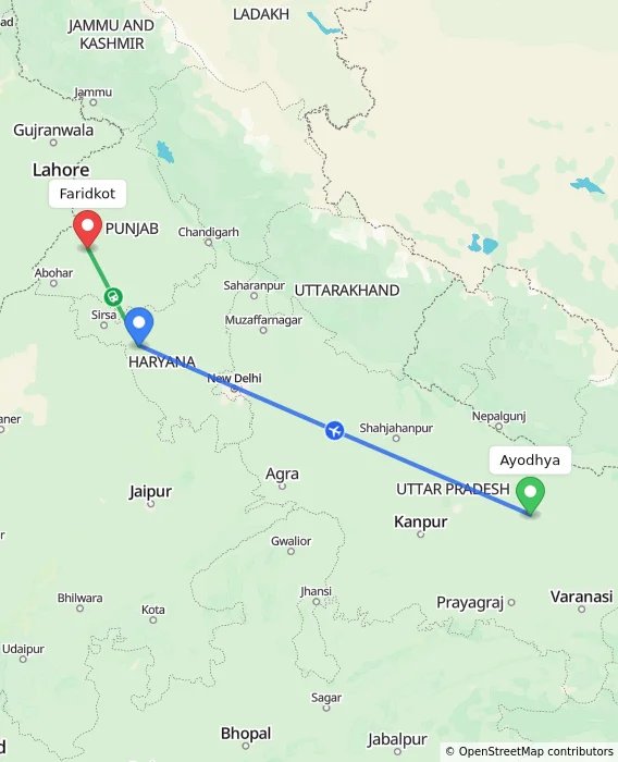 Route map showing distance and travel time from Ayodhya, India to Faridkot, India