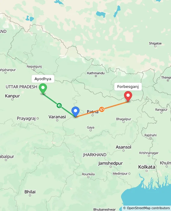 Route map showing distance and travel time from Ayodhya, India to Forbesganj, India