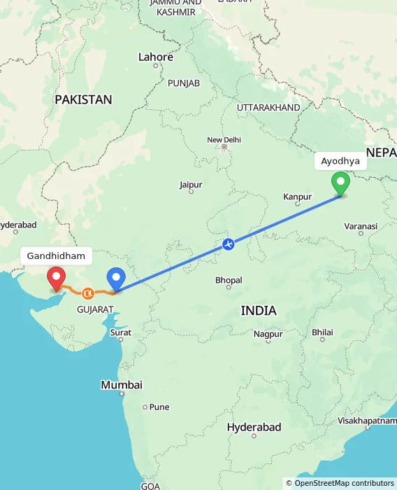 Route map showing distance and travel time from Ayodhya, India to Gandhidham, India