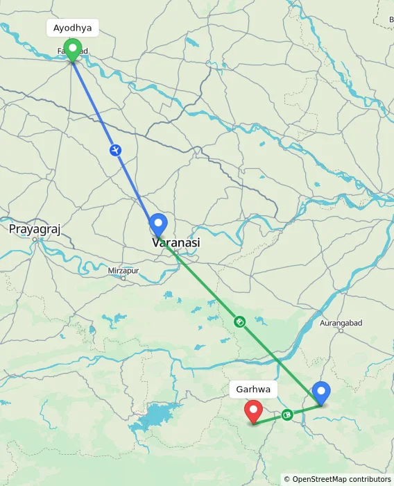 Route map showing distance and travel time from Ayodhya, India to Garhwa, India