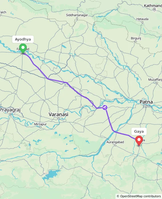 Route map showing distance and travel time from Ayodhya, India to Gaya, India