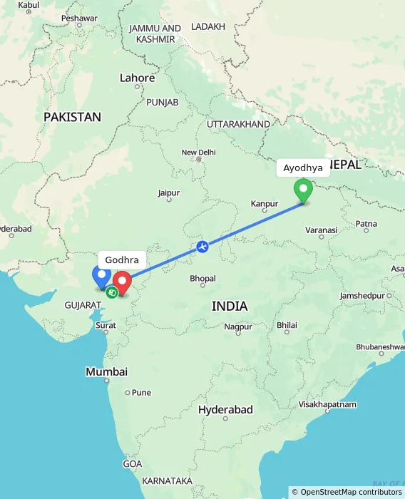 Route map showing distance and travel time from Ayodhya, India to Godhra, India