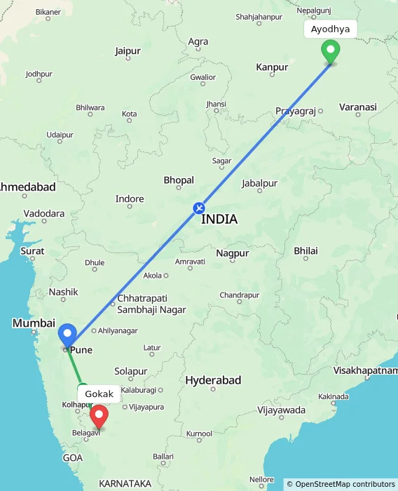Route map showing distance and travel time from Ayodhya, India to Gokak, India