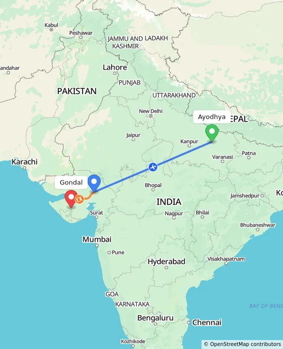 Route map showing distance and travel time from Ayodhya, India to Gondal, India