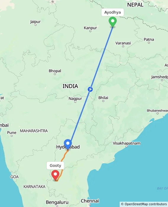 Route map showing distance and travel time from Ayodhya, India to Gooty, India